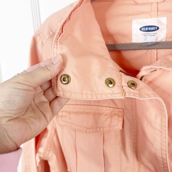 Old Navy ON Peach Field Utility Jacket Funnel Neck Gold Buttons Cinched Waist L - Picture 4 of 14